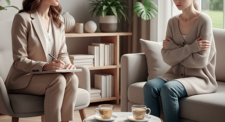 Психотерпевт проводит сеанс с пациентом